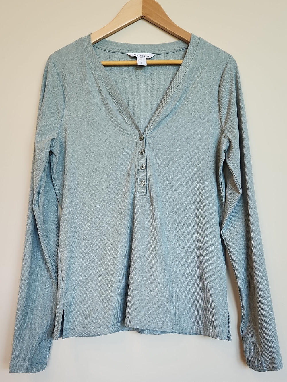Athleta Long Sleeve Ribbed Henley Top, Sage Light Blue, Size Large, EUC